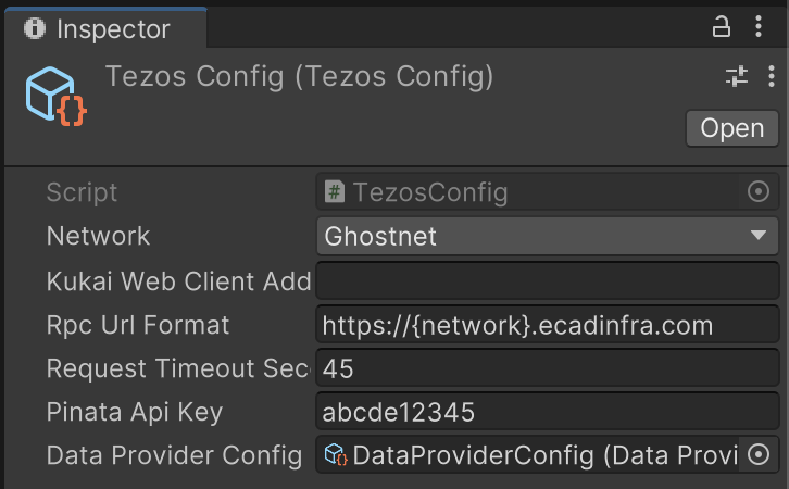 Adding the Pinata API key and the data provider to the TezosConfig object